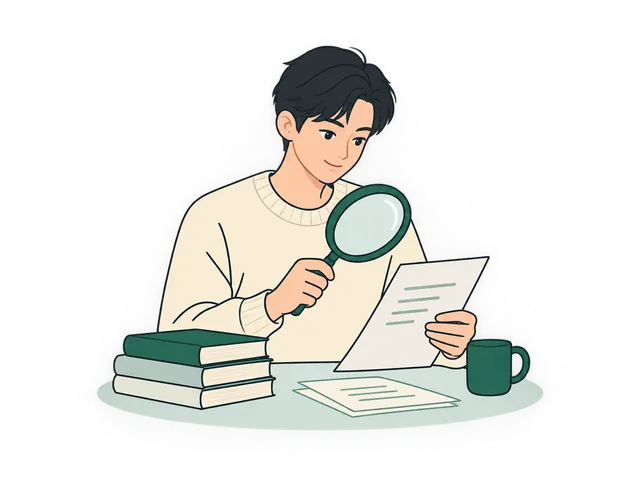 Person examining a printed page with a magnifying glass