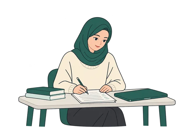 Student in a headscarf marking up a printed essay with a pen