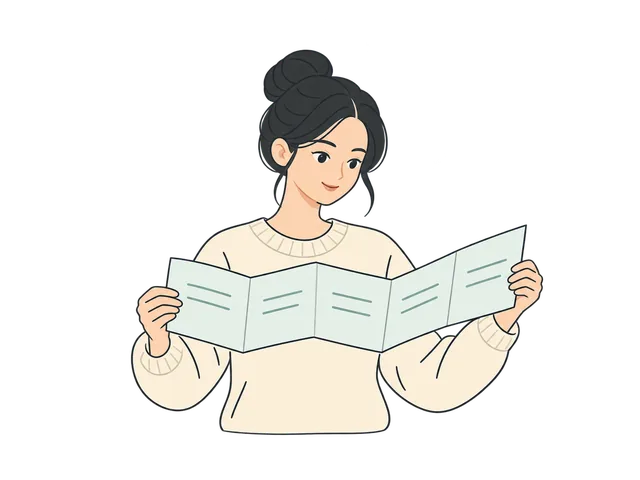 Woman unfolding a long, multi-page sheet of paper